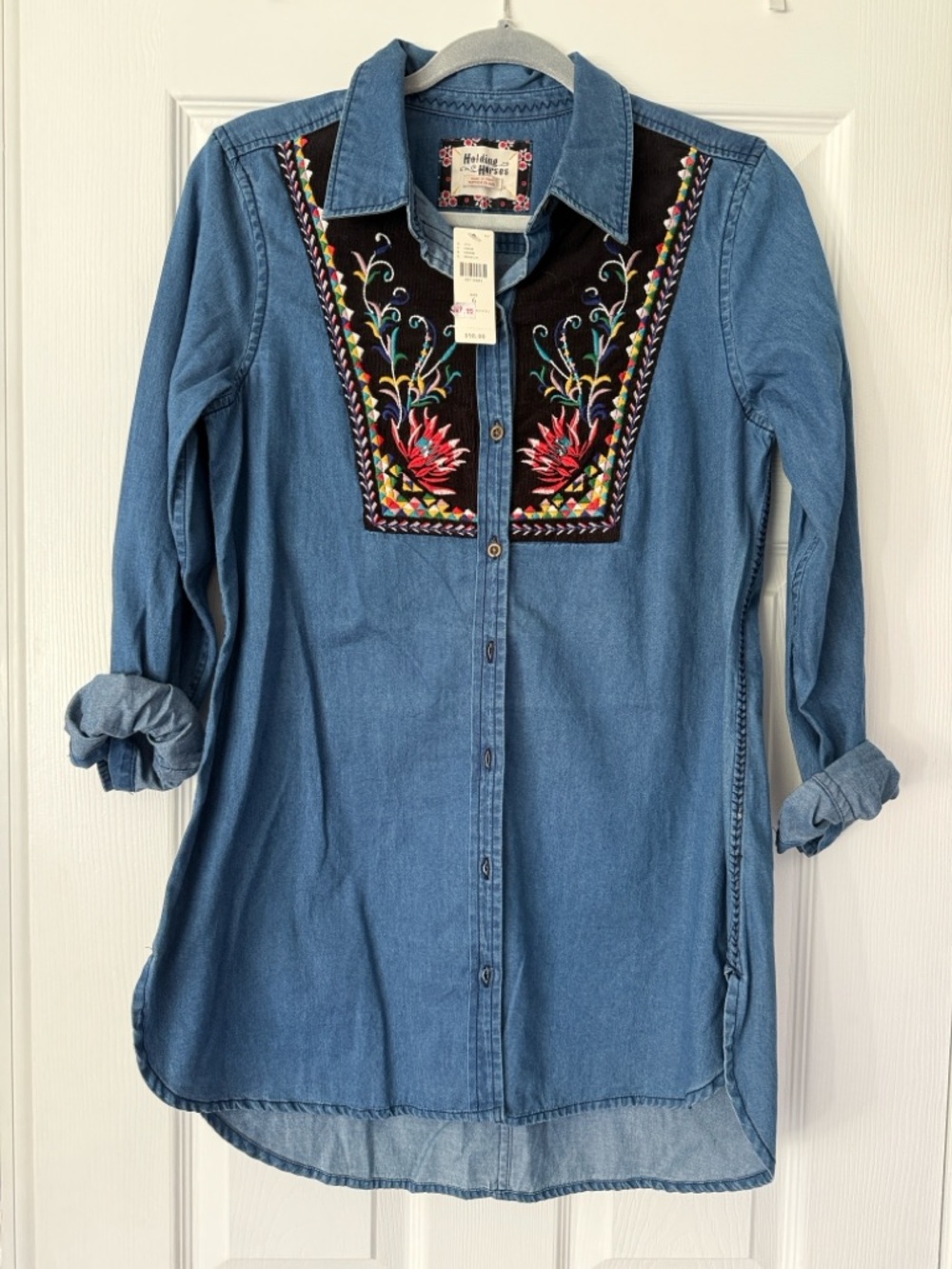Holding Horses Embroidered Tunic Shirt with Floral Yoke